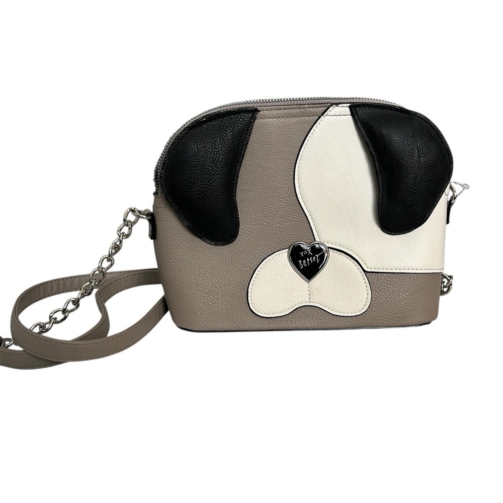 Betsey Johnson Vegan Dog Face Crossbody Bag Taupe Black Ivory NWT - Picture 2 of 6